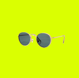 Óculos de Sol com lentes arredondadas e armação dourada, em fundo verde limão